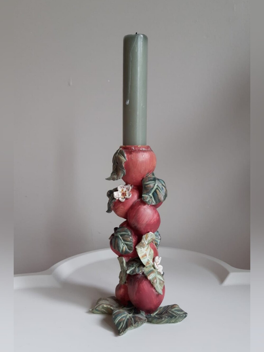 Decorative Red Apple Candle Holder with Green Leaves and Blossom